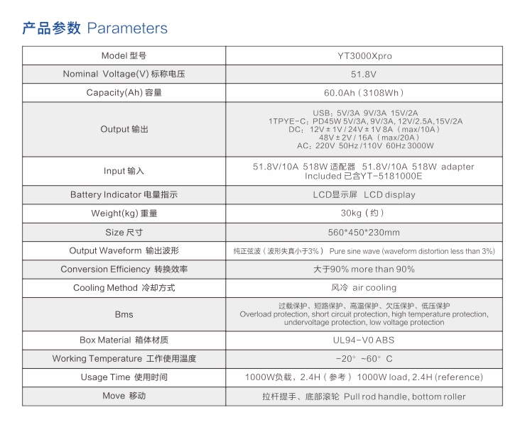 世豹拉箱式戶(hù)外電源YT3000Xpro參數(shù)